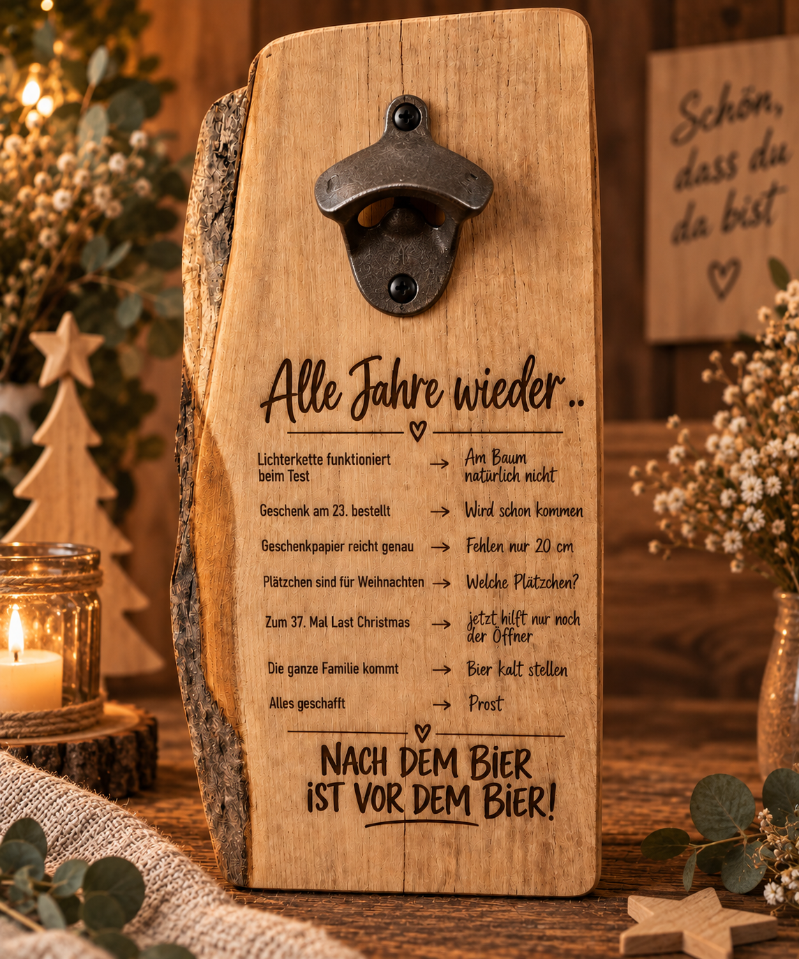 Wandflaschenöffner „Alle Jahre wieder“ – lustiges Bierbrett aus Holz