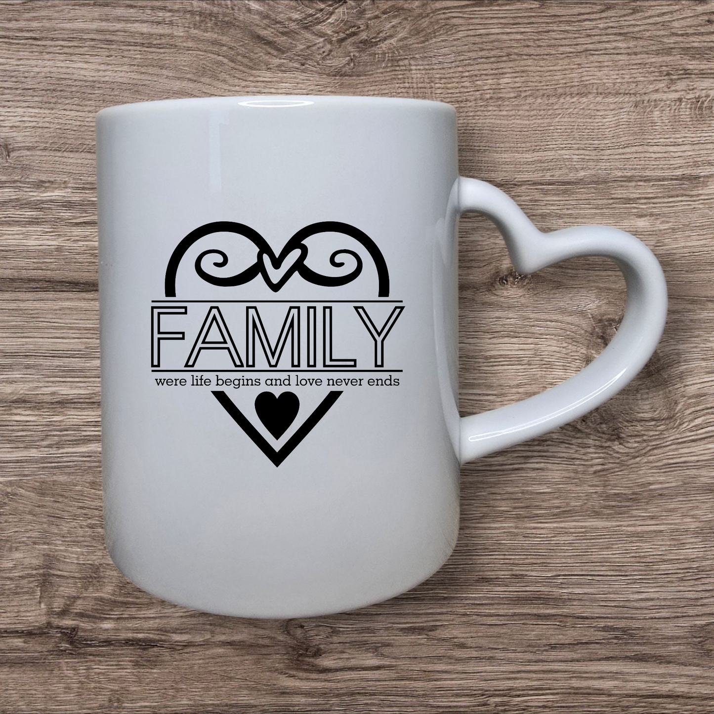 Tasse mit Herzhenkel „Family – where life begins and love never ends“