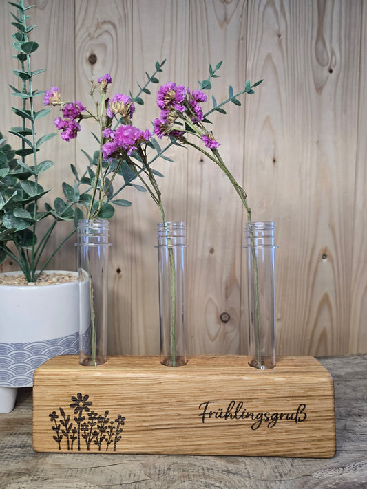 Holzvase „Frühlingsgruß“ mit Reagenzgläsern – handgemachte Deko aus Holz