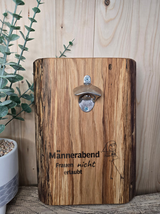 Männerabend - Wand-Flaschenöffner aus Holz mit Gravur