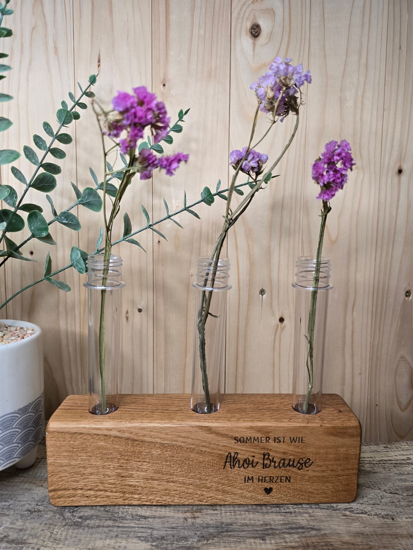 Holzvase „Ahoi Brause“ mit Reagenzgläsern – handgemachte Deko aus Holz