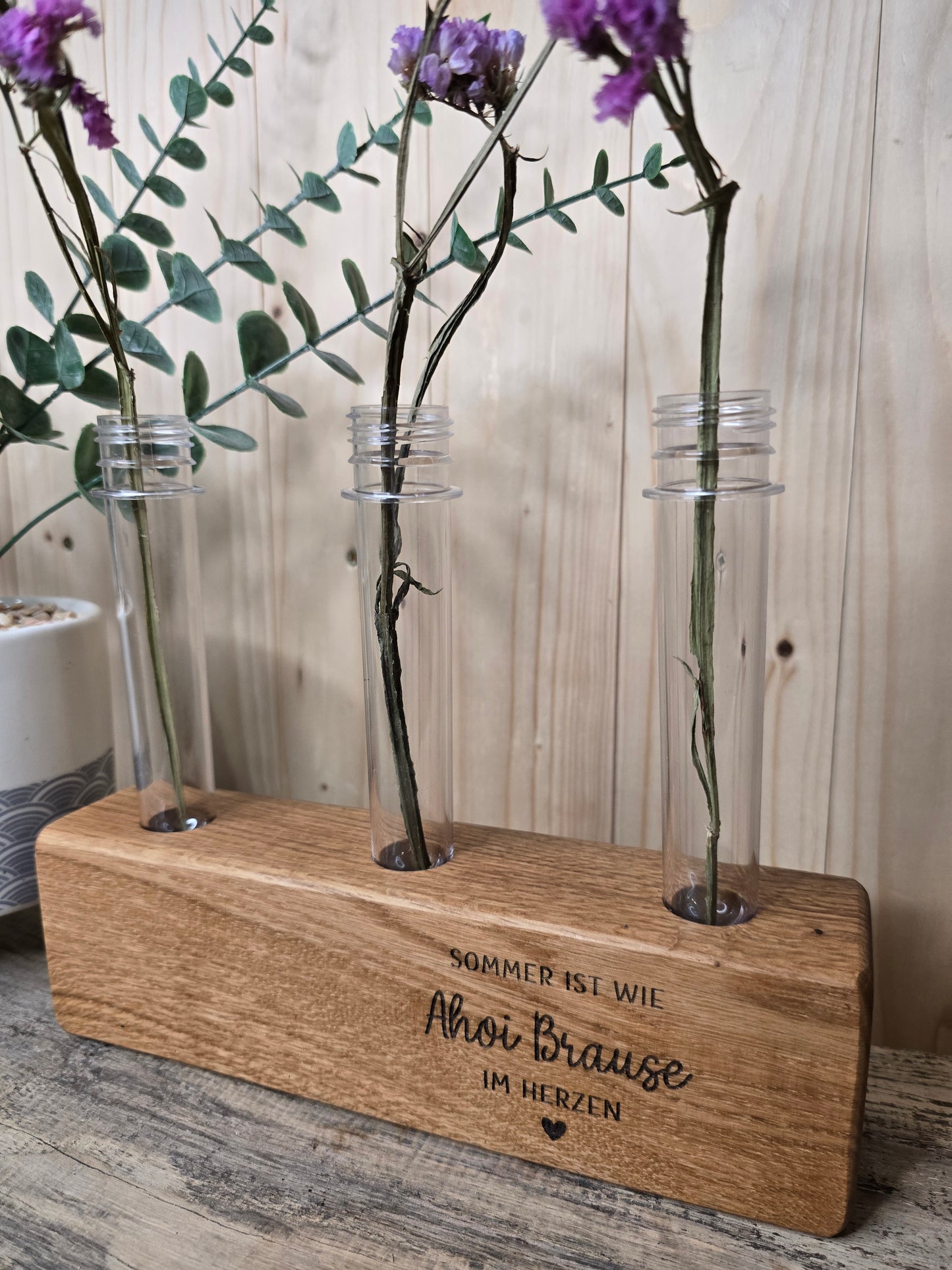 Holzvase „Ahoi Brause“ mit Reagenzgläsern – handgemachte Deko aus Holz