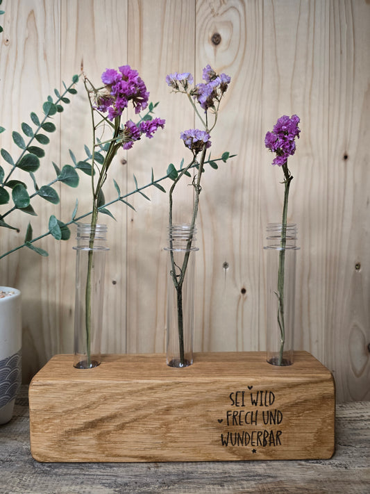 Holzvase „Sei Frech, Wild, Wunderbar“ mit Reagenzgläsern – handgemachte Deko aus Holz (Kopie)