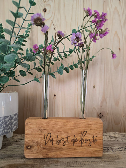 Blumenständer „Du bist die Beste" – Holzblock mit Reagenzgläsern