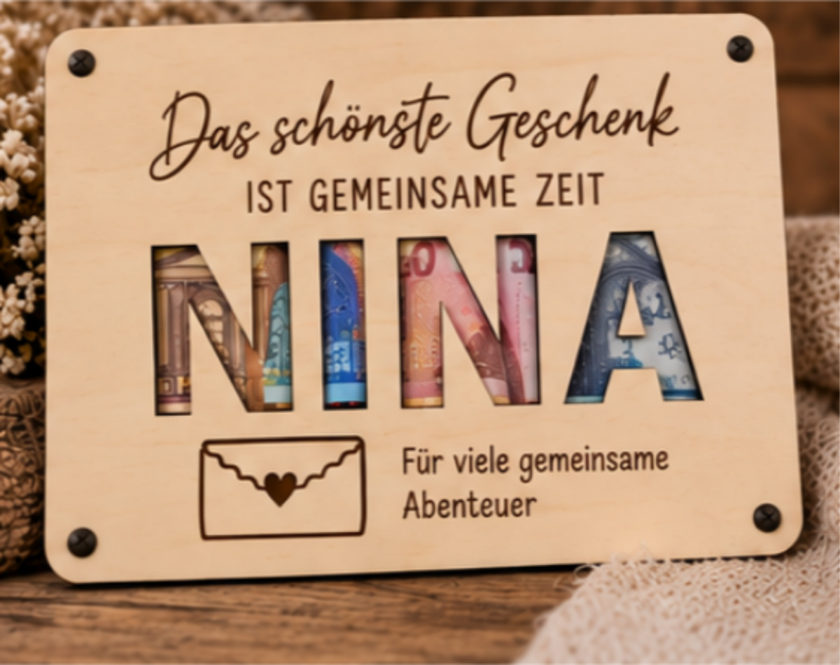 Personalisierter Gutschein aus Holz – Geldgeschenk mit Wunschnamen
