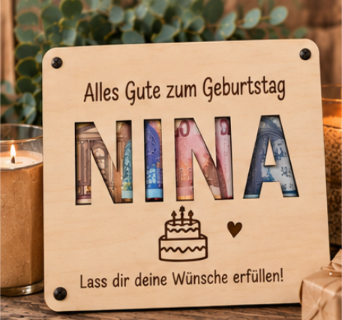 Personalisierter Gutschein aus Holz – Geldgeschenk mit Wunschnamen