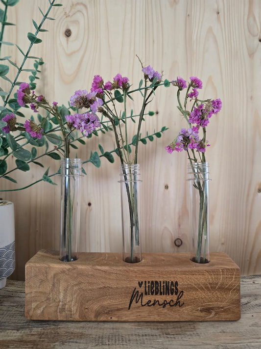 Blumenständer „Lieblingsmensch" – Holzblock mit Reagenzgläsern