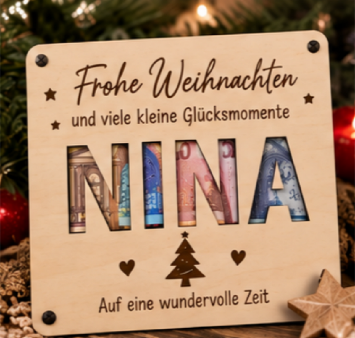 Personalisierter Gutschein aus Holz – Geldgeschenk mit Wunschnamen