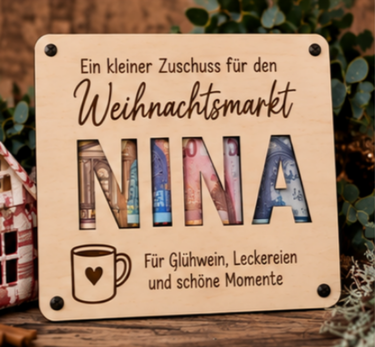 Personalisierter Gutschein aus Holz – Geldgeschenk mit Wunschnamen